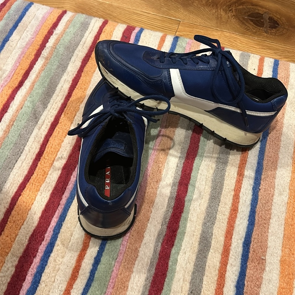Royal blue and white Prada sneakers